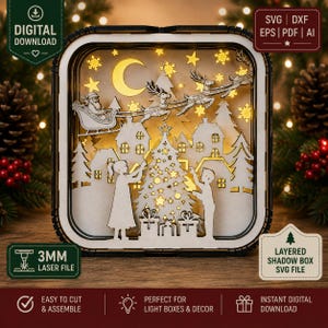 Può includere: Una shadow box in legno multistrato con una scena natalizia tagliata al laser raffigurante Babbo Natale su una slitta, una luna crescente, stelle, pini, case e due bambini che decorano un albero con regali. Include testo file laser 3mm.