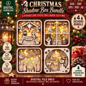 Julskugglåda-paket SVG | 4-lagers julljuslåda SVG-filer | Laserskurna filer | Glowforge xTool LightBurn | 3 mm
