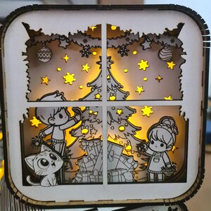 Christmas Tree Shadow Box SVG | Laser Cut File, Kids & Cat Scene (Digital Download)