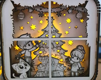 Christmas Tree Shadow Box SVG | Laser Cut File, Kids & Cat Scene (Digital Download)