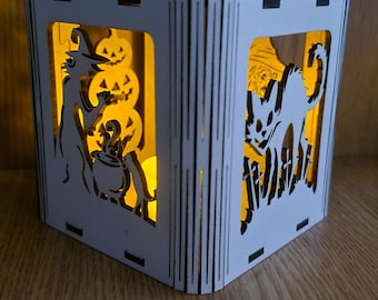 Halloween Lantern SVG: Witch, Cat, Pumpkins Laser Cut Design (Digital Download)