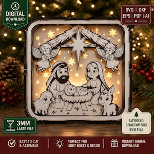 Julkrubba skugglåda SVG | Layered Christmas Light Box laserskuren fil | Kristen julkrubba | Glowforge | xTool | LightBurn | 3 mm