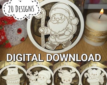 Laser Cut Christmas Ornaments: Santa, Bear, Reindeer (Digital Download)