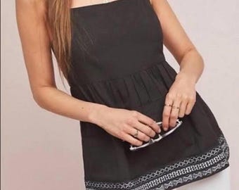 Anthropologie Black Embroidered Baby Doll Tank Top Ruffled Cami Sleeveless Top | Size S Small