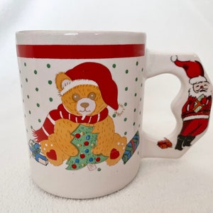 Vintage Christmas Teddy Bear Mug Holding Tree with Santa Handle