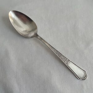 May include: A silver-toned metal spoon featuring an oval bowl and a slender handle. The handle is decorated with an intricate embossed floral and scrollwork pattern that extends from the neck down to a smooth, flat, shield-shaped terminal end.