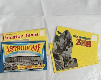 May include: A collection of three vintage postcards from Texas. One features the Houston Astrodome with the text The 8th Wonder of the World. Another shows a rhinoceros at the San Antonio Zoo. The third is a Greetings from Houston, Texas card.