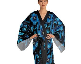 Black With Blue Flowers Long Sleeve Kimono Robe (AOP)