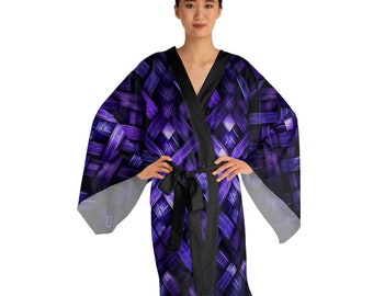 Black And Purple Weave Design Long Sleeve Kimono Robe (AOP)