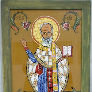 St. Nicholas Icon – Hand Painted Orthodox Icon on Glass, Byzantine Folk Art, Patron Saint of Children, Christmas Gift, Home Religious Decor