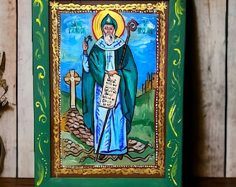 Icône Saint Patrick, icône religieuse catholique peinte à la main, icône de cadeau de Noël, icône folklorique de saints irlandais, art folklorique sur verre