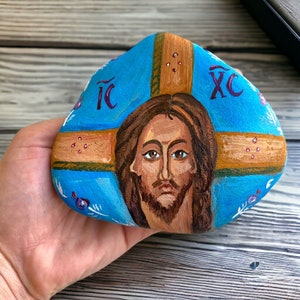 Saints Painting on Stone, Jesus Christ Icon, Ukrainian Hand Painted Folk Icon, Religious Easter Gift, Home Altar, Baptism Icon, Icon for Car