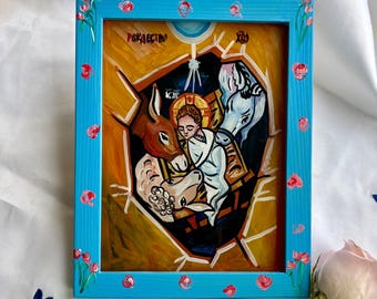 Nativity Icon Hand Painted on Glass — Christ Child in the Manger with Animals