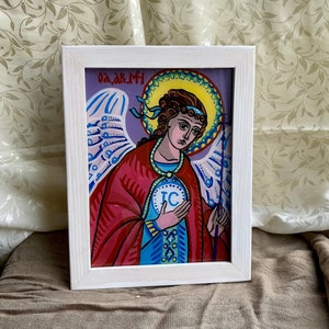 Hand-Painted Orthodox Icon of Archangel Michael – Byzantine Glass Painting – Christian Religious Art – Angel Icon for Home & Gift