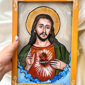The Sacred Heart of Jesus Christ Handpainted Icon Religious Home Decor Christian Wall Decoration Sacral Handmade Church Community Gift
