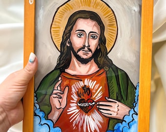 The Sacred Heart of Jesus Christ Handpainted Icon Religious Home Decor Christian Wall Decoration Sacral Handmade Church Community Gift