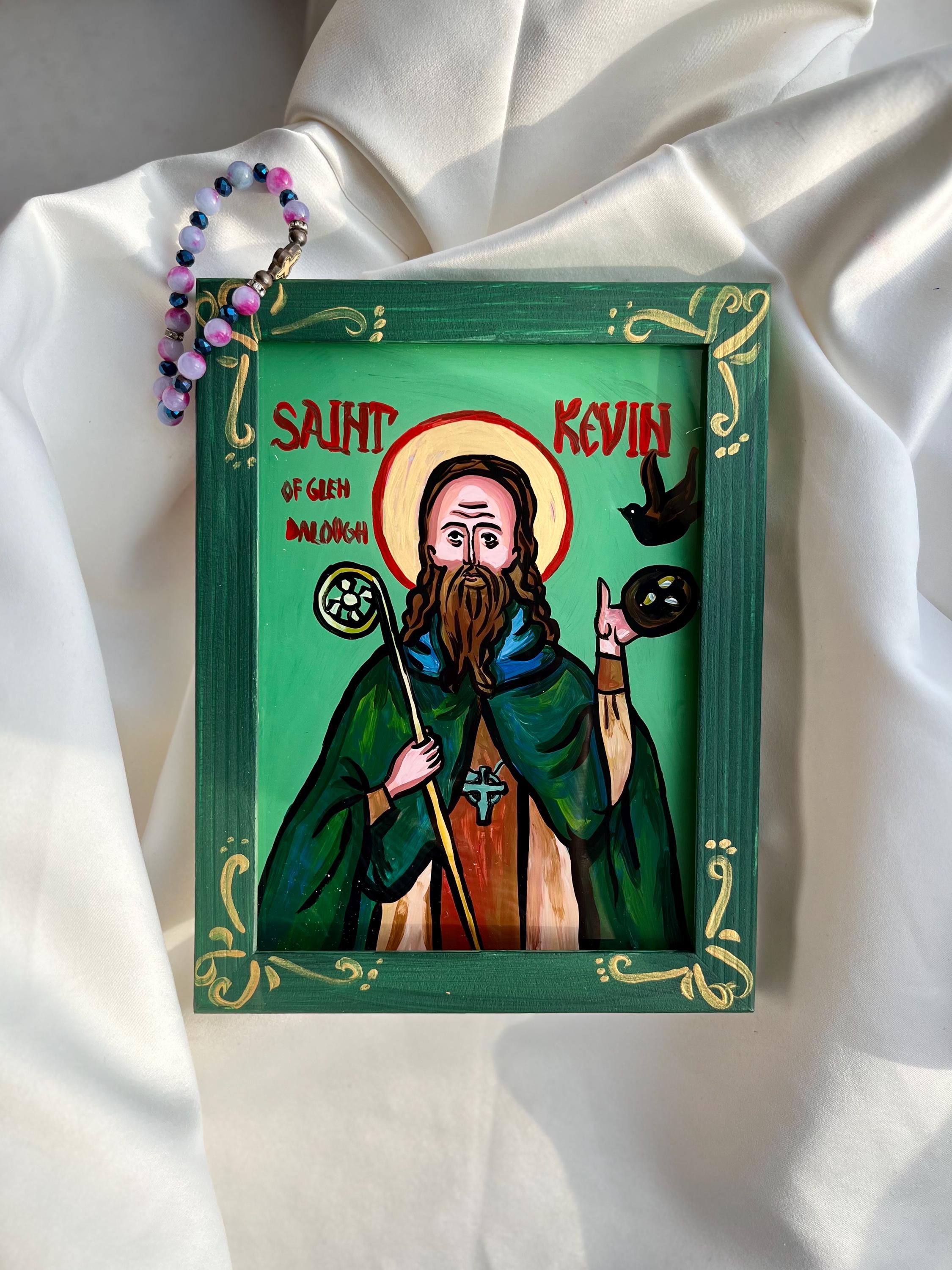 Saint Kevin of Glendalough, Ireland Saints, Celtic saints, Patron of Dublin, Ireland, blackbirds, and a long life, Catholic icon, Gift icons