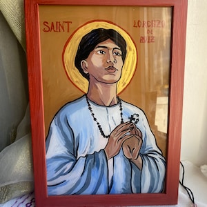 Unique Icon on Glass, St. Lorenzo de Ruiz, Catholic Hand Painted Icon, Catholic Art, Catholic Wall Art, Religious Gifts, Icon Corner