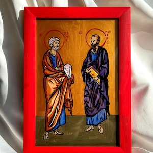 Iconos ortodoxos de los apóstoles Pedro y Pablo, icono cristiano católico para el hogar. Icono de los apóstoles Pedro y Pablo, obra de arte pintada a mano sobre vidrio.