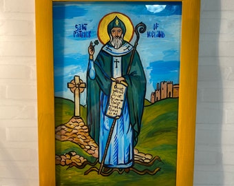 Irish Patron Saint, Catholic Saint Icon, St Patrick of Ireland, Religious Artwork, Home Pray Icon, Religious Gift, Reverse Painting on Glass