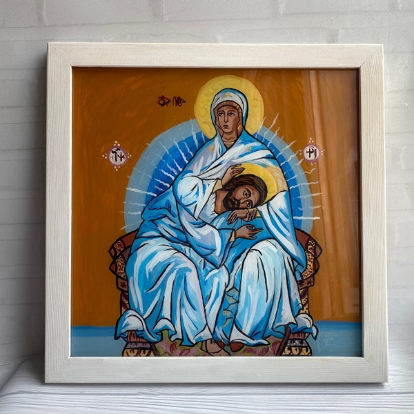 Virgin Mary and Jesus Christ Orthodox Icon, Mother of Humility, Georgian Orthodox Rare Icon, Handwritten Icon on Glass, Wall Mounted Icon