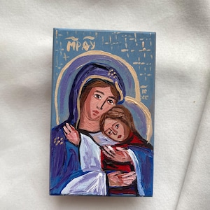 Pocket Wooden Christian Icon of Virgin Mary , small wooden Orthodox desktop icon, travel icon,small enough to carry everywhere