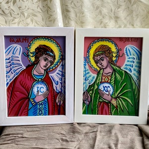 Dos iconos de los Arcángeles Miguel y Gabriel, Miguel y Gabriel, Iconos de regalo para ahijado, Pintura inversa sobre vidrio, Decoración de pared religiosa