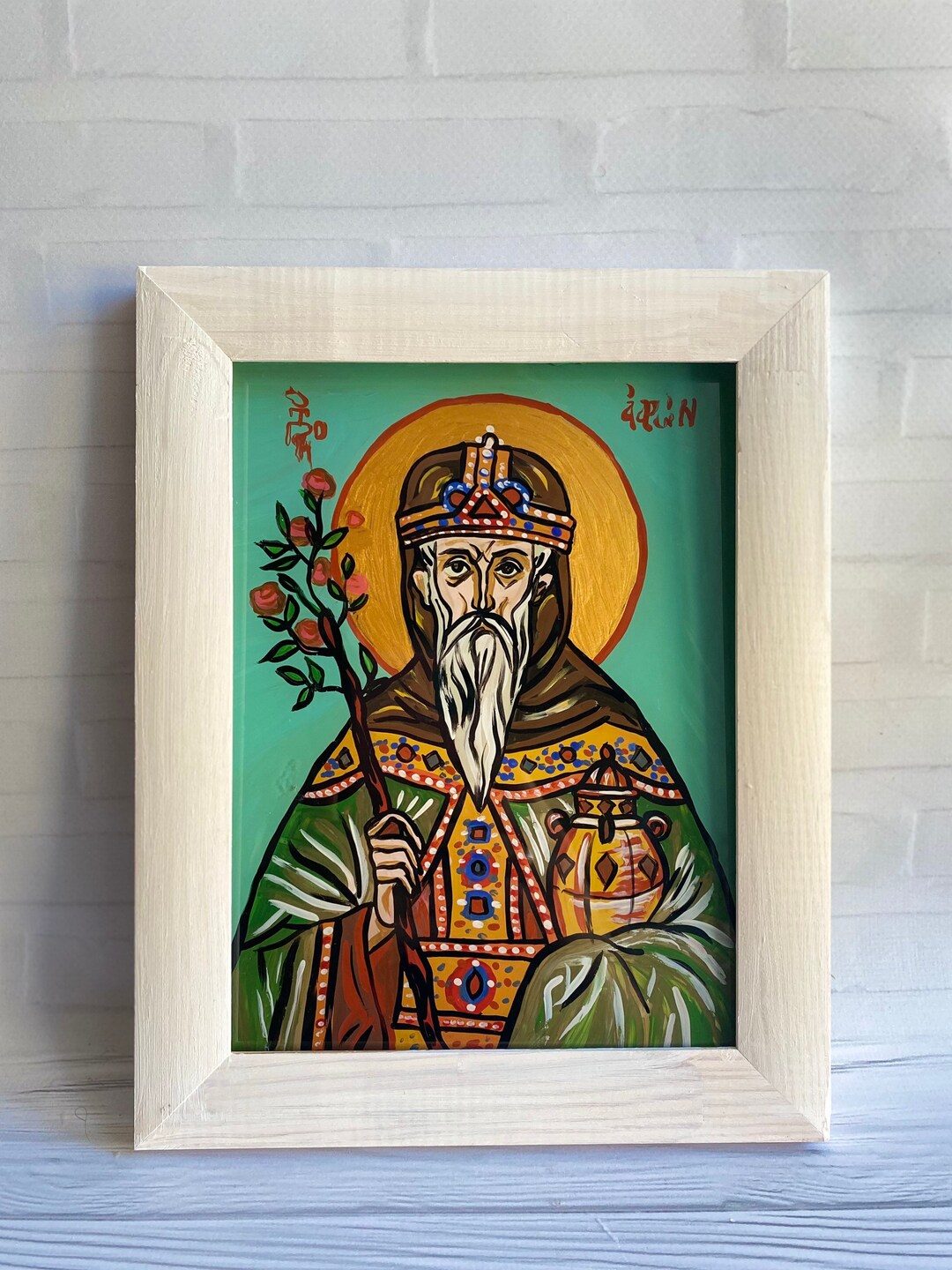 Aaron Icon Prophet Aaron Hand Painted Glass Icon — High Priest With Flowering Rod ...