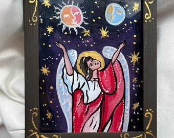 Ángel de la guarda bajo el sol y la luna: icono de vidrio pintado a mano de protección divina
