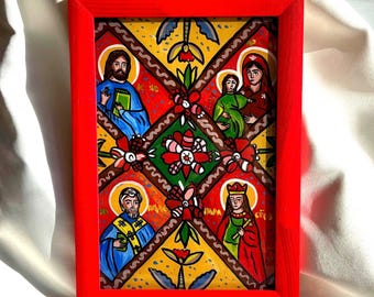 Bright Gutsul Ukrainian Reverse Icon on Glass, Home icon, Folk art, Folk icon painting, Naive Art, Virgin Mary And Jesus Christ Art