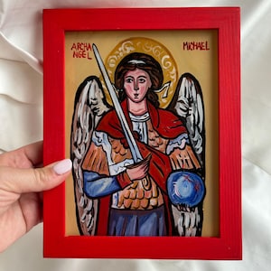Archangel Michael iconography , ( Ο  Αρχάγγελος Μιχαήλ ) hand painted Christian Modern Icon, religious gift idea