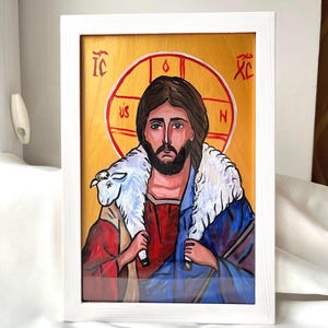 Jesus the good shepherd Ukrainian Folk Hand painted Religious Rare Icon