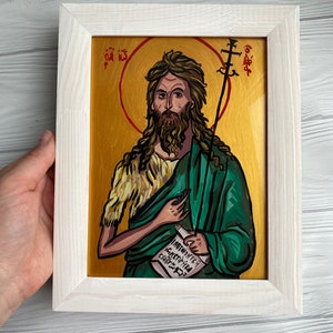 Saint John the Baptist Icon on Glass, Hand-Painted Orthodox Religious Art, Byzantine Christian Gift, Unique Baptism or Easter Icon