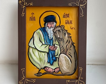 Image of Saint Gerasimos with lion, Saint Gerasimos, ( Ο Άγιος Γεράσιμος ), hand painted Orthodox Byzantine icon.