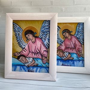 Icono de regalo personalizado, icono de ángel de la guarda, decoración religiosa para guardería, regalo para ahijado, arte religioso, icono para bautismo, arte ortodoxo