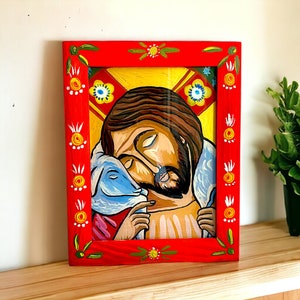 Jesus the good shepherd Ukrainian Folk Hand painted Religious Rare Icon