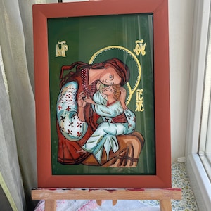 Ukrainian Icon Mother of God with Jesus Christ, Kyivska Madonna, Ukrainian icon, Handwritten iconography, Virgin Mary in Vyshyvanka