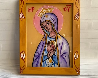 Icône Notre-Dame de Fatima, icône chrétienne peinte à la main sur verre, icône catholique Sainte Fatima, peinture inversée sur verre, oeuvres d&#39;art religieuses
