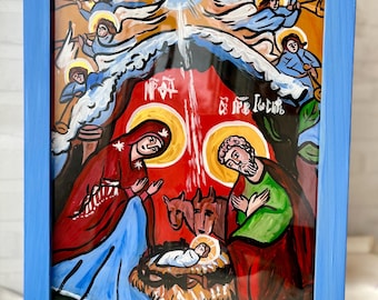 Geboorte van Jezus Christus, christelijk-orthodox icoon, christelijke kunst aan de muur, religieus handschilderij, christelijk cadeau-icoon, orthodoxe kunstwerken
