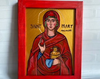 Icône Sainte Marie-Madeleine – Art religieux catholique peint à la main, cadeau chrétien pour femme, décoration murale Marie-Madeleine, cadeau école du dimanche