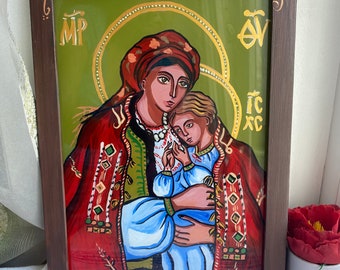 Virgin Mary and Jesus Christ Icon in Ukrainian Style Glass Icon, Cristian Artwork, Hand Painted Saint Icon, Original Style Icon, Pray to Her