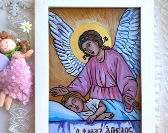 Ángel de la guarda sobre un niño dormido — Icono pintado a mano sobre cristal / Regalo para bautizo o habitación infantil