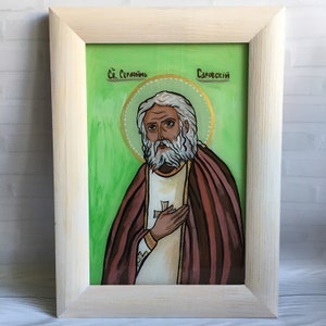 Saint Seraphim of Sarov , Unique Hand Painted Icon on Glass, Christian Orthodox Icon,  Religious icon home decor , spiritual gift for family
