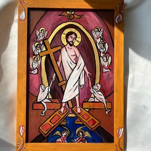 Koptisch pictogram opstanding, oud Ethiopisch christelijk pictogram, paaspictogram, pictogram Jezus Christus, volksiconografie op glas, kunst Jezus opstanding