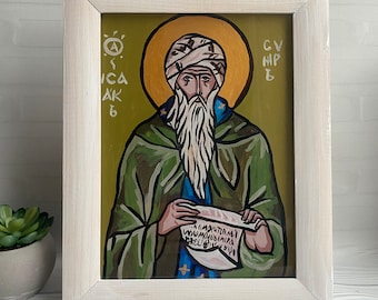 Icon of Saint Isaac the Syrian, Orthodox Hand Painted Icon on Glass, Religious Gift, Byzantine Hand Painted Icon, Reverse Glass Painting