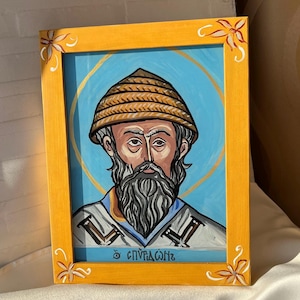 Saint Spyridon Orthodox Icon on Glass – Greek Saint Wonderworker, Hand Painted Byzantine Religious Icon, Baptism Gift, Christian Wall Art