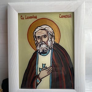 Saint Seraphim of Sarov Icon (Ο Άγιος Σεραφείμ) – Orthodox Hand Painted Icon on Glass, Christian Gift, Home Altar Icon