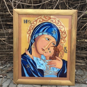 Mary with Child Jesus Christ , Orthodox wall hanging Icon, Blessed Virgin , Religious folk Hand Painting gift .Virgin Mary Mother of God