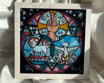 Icône catholique de la Sainte Trinité, oeuvre d&#39;art religieuse, icône de cadeau chrétien, icône de prière pour la maison, cadeau de baptême, cadeau religieux de nouvelle maison, icône de la Sainte Trinité