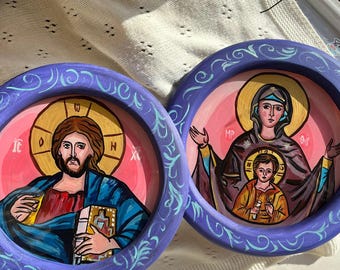 Hand-Painted Orthodox Wedding Icons Set | Christ and Virgin Mary